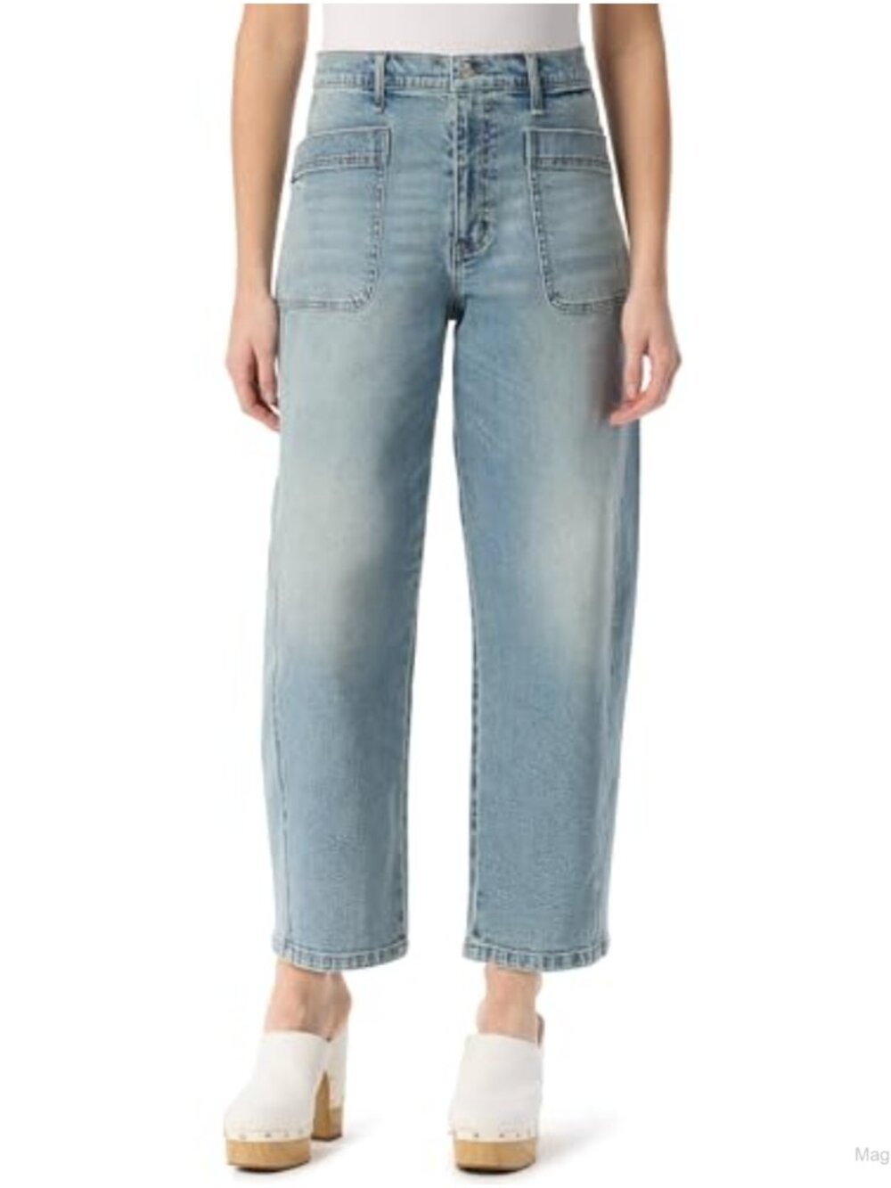High Rise Wide Leg Ankle Jeans with Zip Front & Pockets